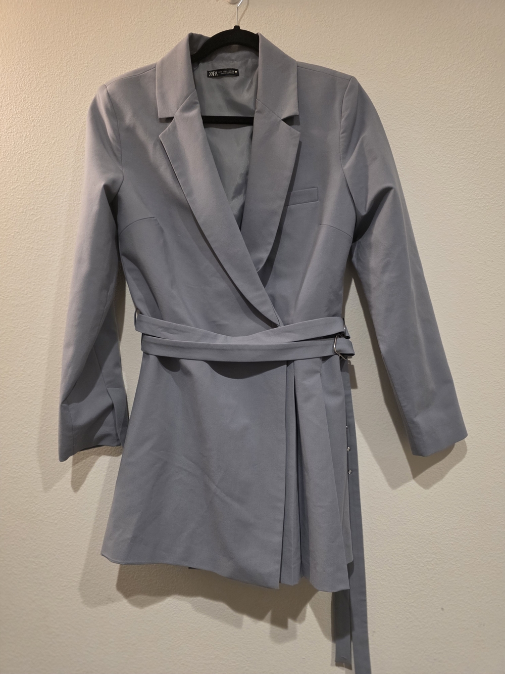 Zara Dusty Blue/Light Gray Belted Blazer Coat Dress